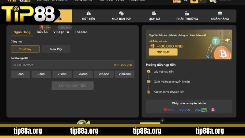 Hướng dẫn cách nạp tiền TIP88 bằng ngân hàng siêu dễ